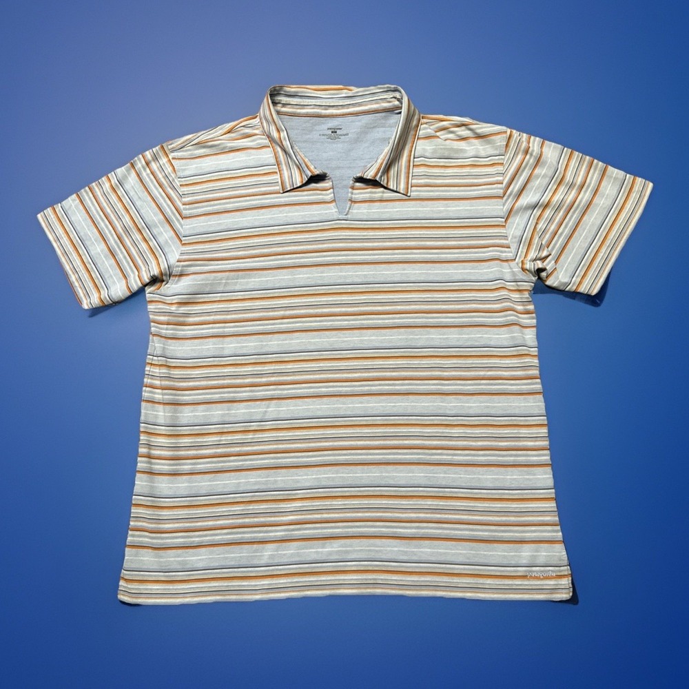 Patagonia Polo Shirt Mens Large Blue Stripes Short Sleeve Organic Cotton